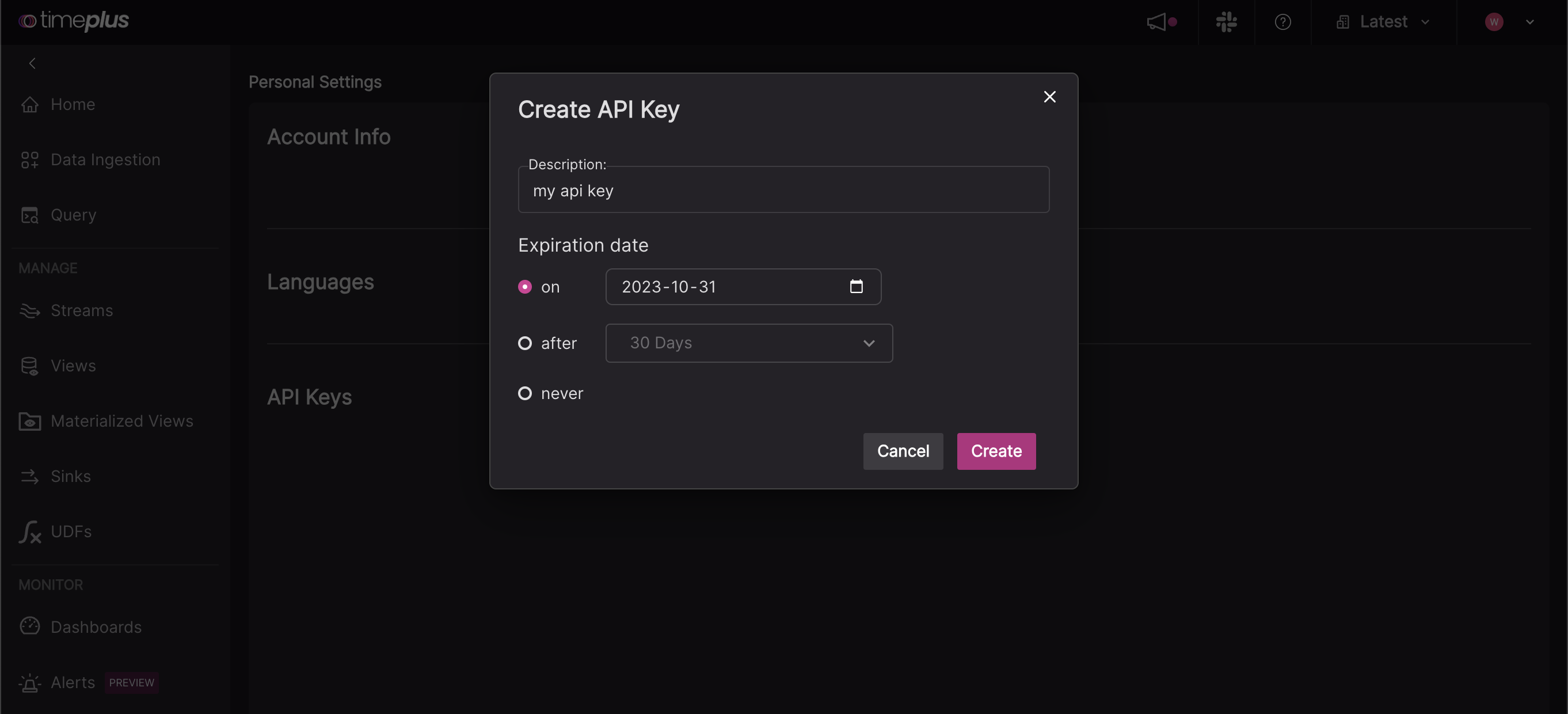 API Key dialog